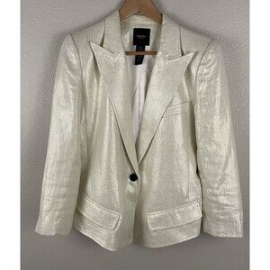 Smythe Size 10 Linen Sharp Shoulder Blazer Beige And Metallic Pewter One Button